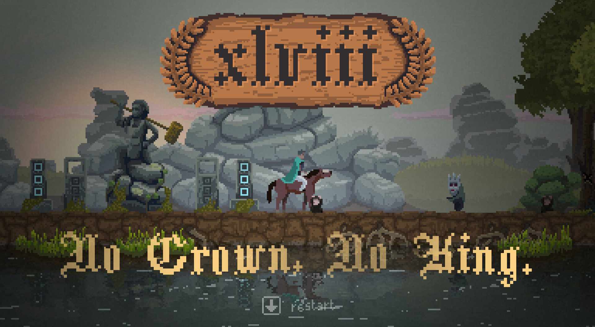 A game over screen in a kingdom-themed game with a desolate landscape