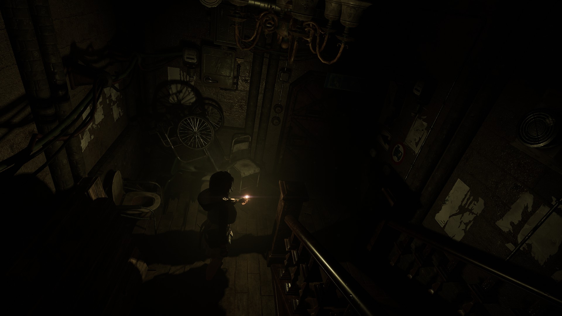 An eerie basement scene with ominous machinery.